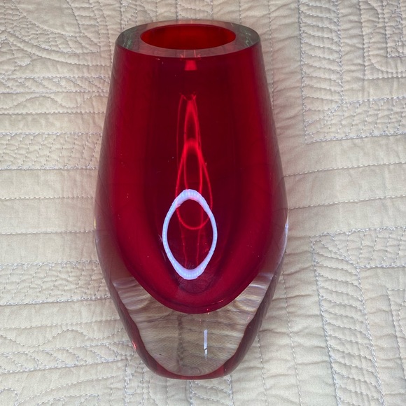 Red Cut Glass Vase 8.5”x5” Angled Top Unsigned Encased Glass - Picture 2 of 8